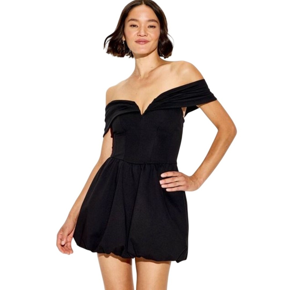 Wild Fable Women's Black Off-the-Shoulder Plunge Bubble Mini A Line Dress Size M